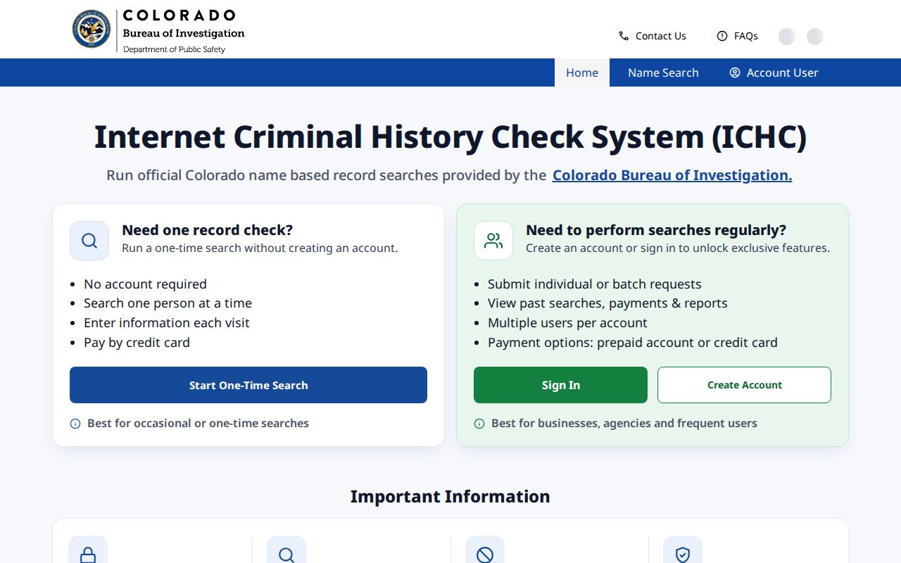 San Juan County criminal history search through the Colorado CBI ICHC interface